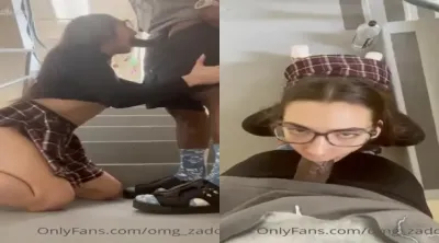 Bitch sucking in thong a black cock on the stairs